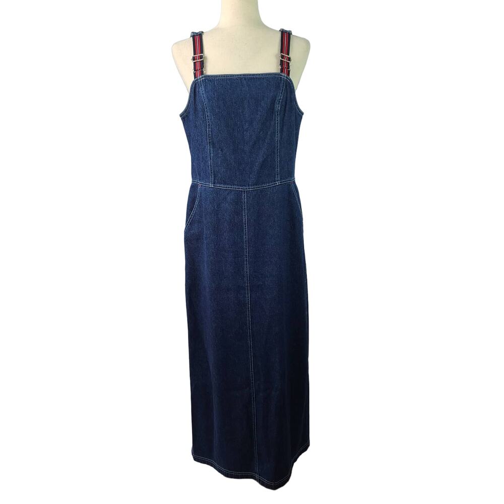 New York & Company Vintage Blue Denim Jumper Dress Maxi Midi Adjustable Straps 8